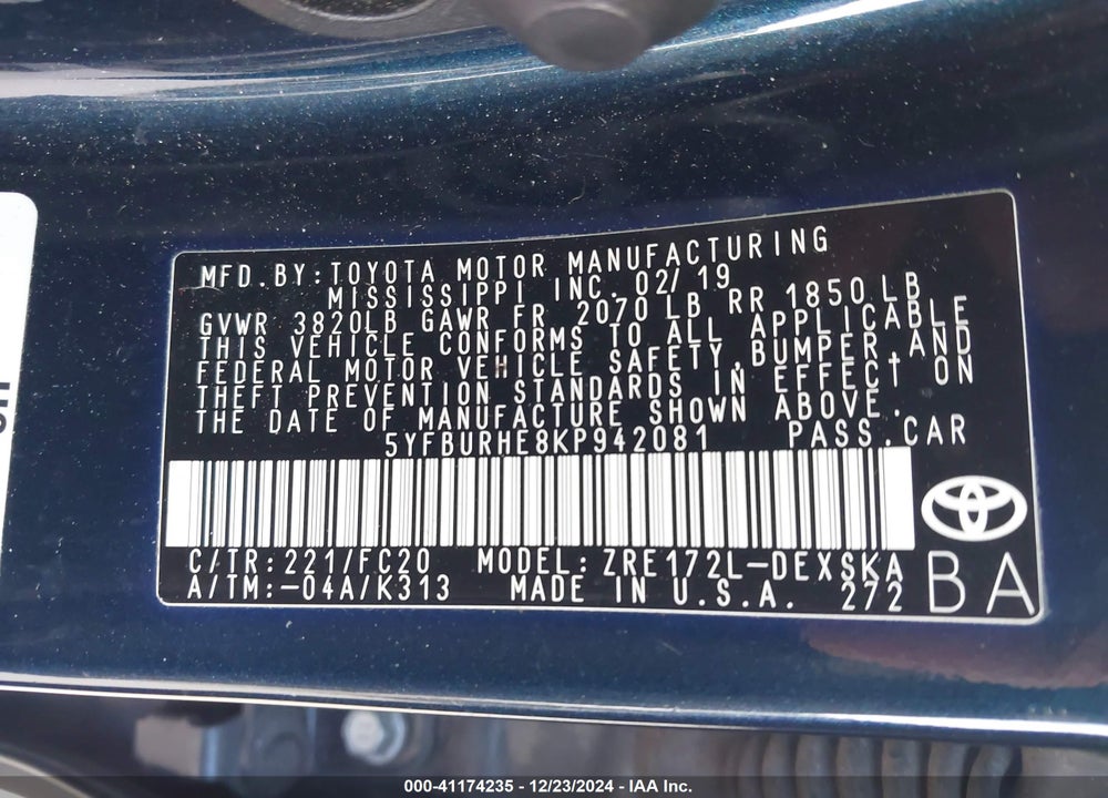 2019 TOYOTA COROLLA VIN: 5YFBURHE8KP942081