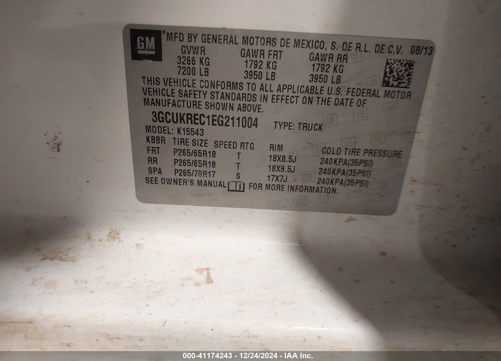 2014 CHEVROLET SILVERADO VIN: 3GCUKREC1EG211004