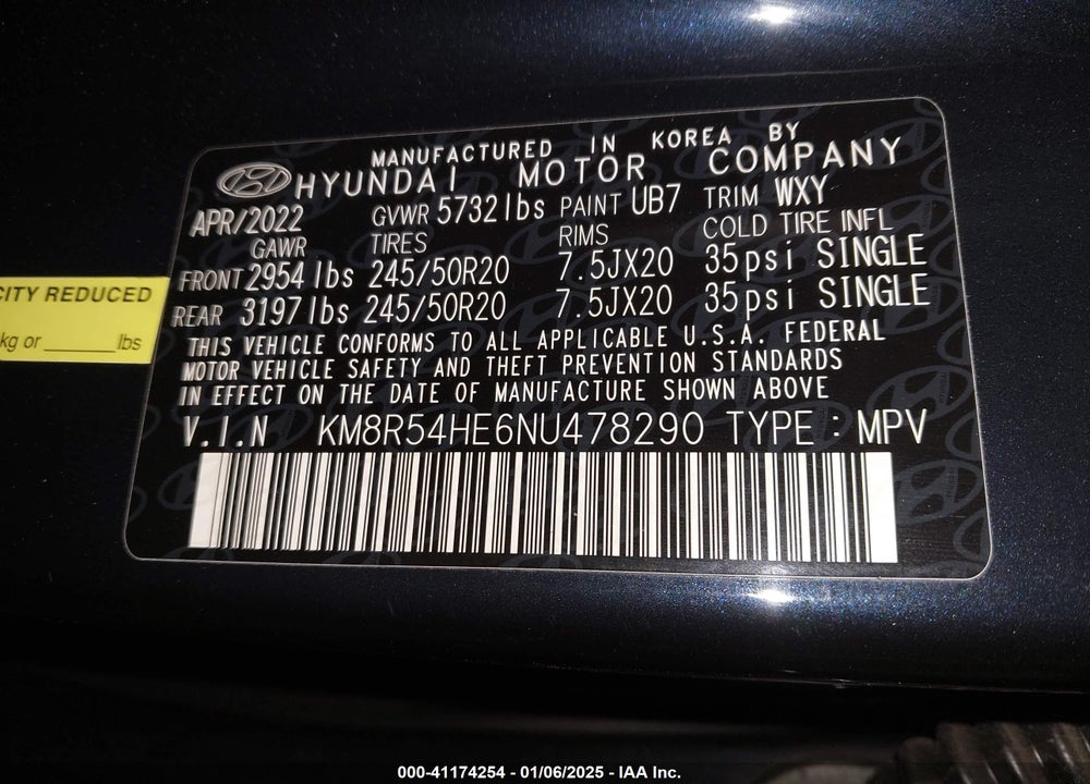 2022 HYUNDAI PALISADE LIMITED VIN: KM8R54HE6NU478290