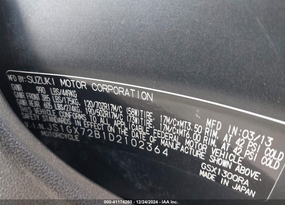 2013 SUZUKI GSX1300 RA VIN: JS1GX72B1D2102364