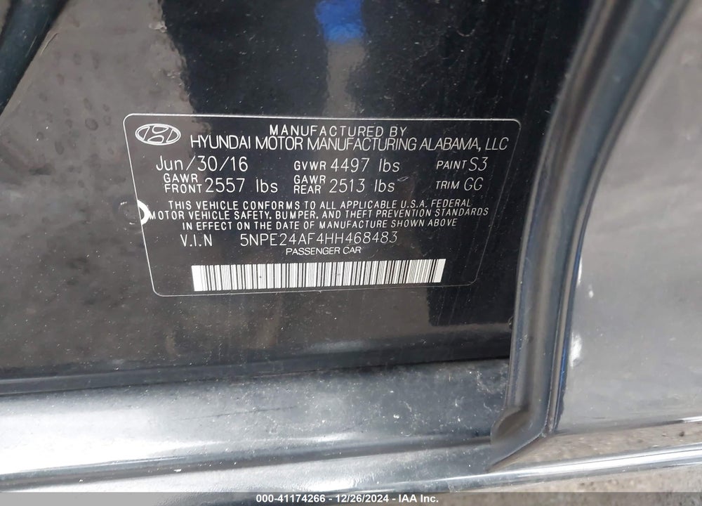 2017 HYUNDAI SONATA VIN: 5NPE24AF4HH468483