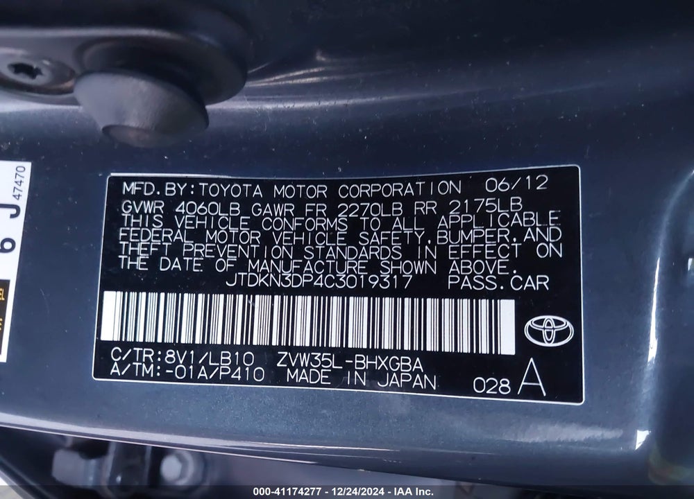 2012 TOYOTA PRIUS PLUG-IN ADVANCED VIN: JTDKN3DP4C3019317