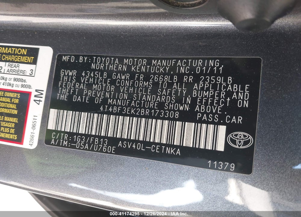 2011 TOYOTA CAMRY LE VIN: 4T4BF3EK2BR173308