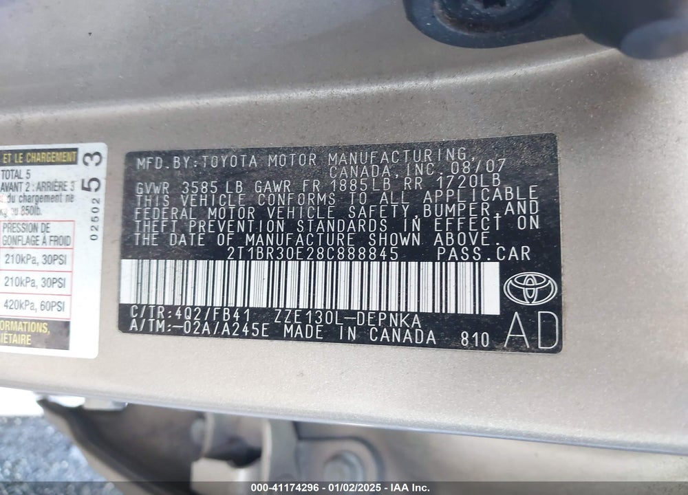 2008 TOYOTA COROLLA VIN: 2T1BR30E28C888845