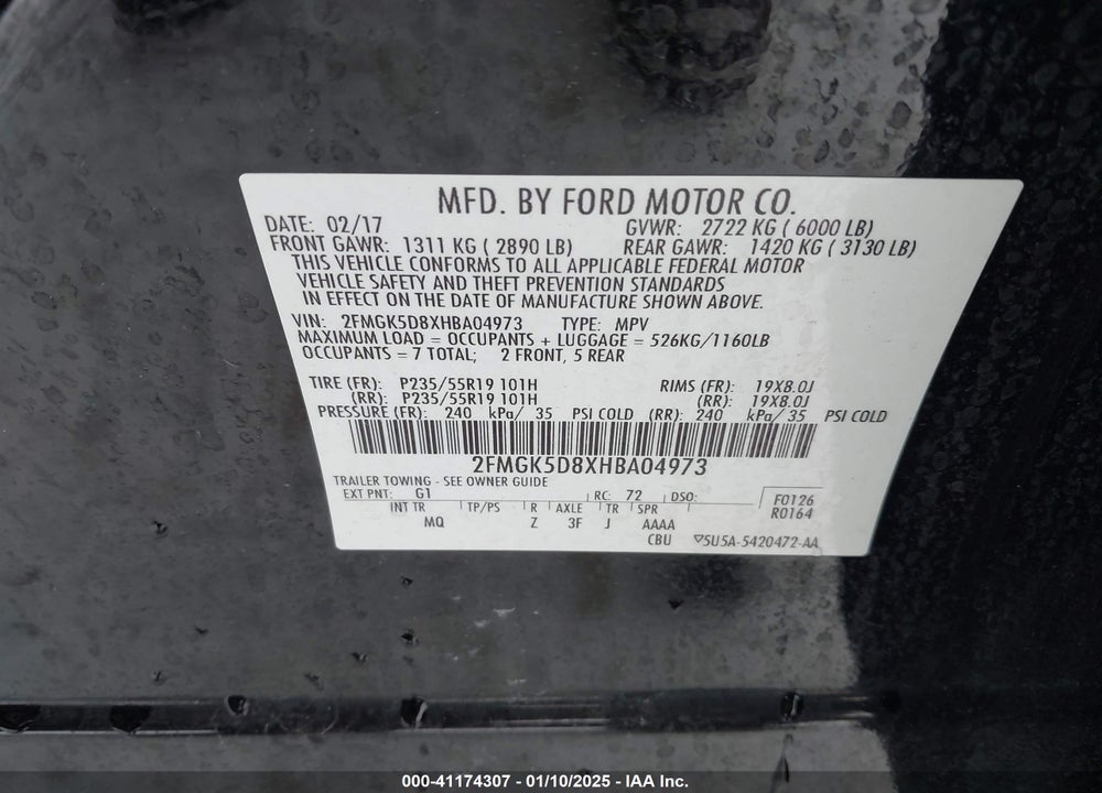 2017 FORD FLEX LIMITED VIN: 2FMGK5D8XHBA04973