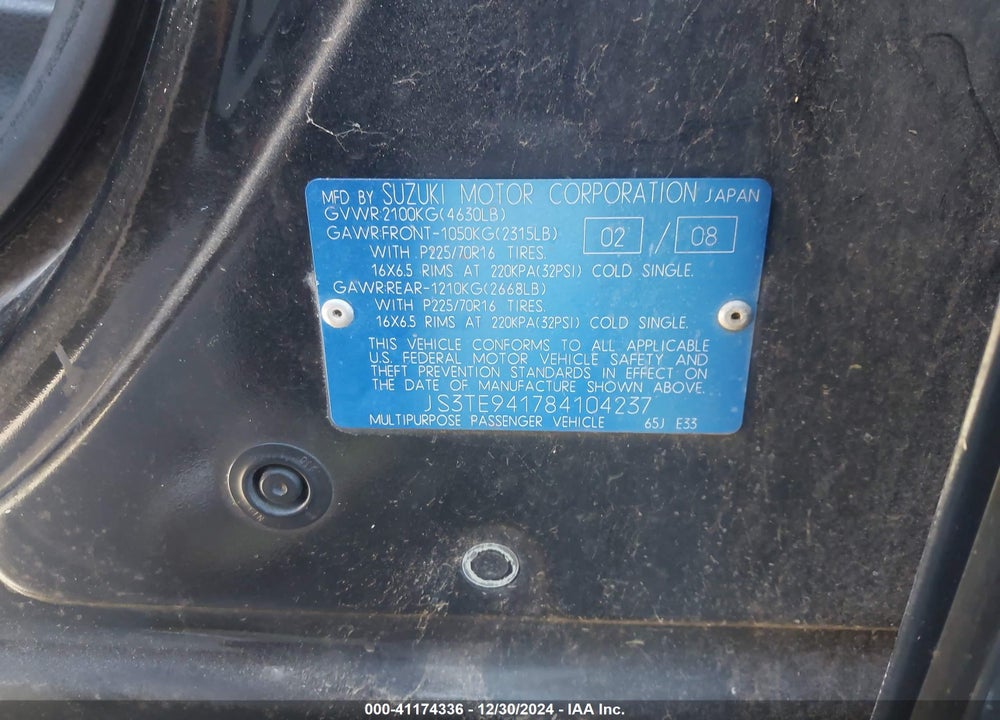 2008 SUZUKI GRAND VITARA APPEARANCE/APPEARANCE + VIN: JS3TE941784104237