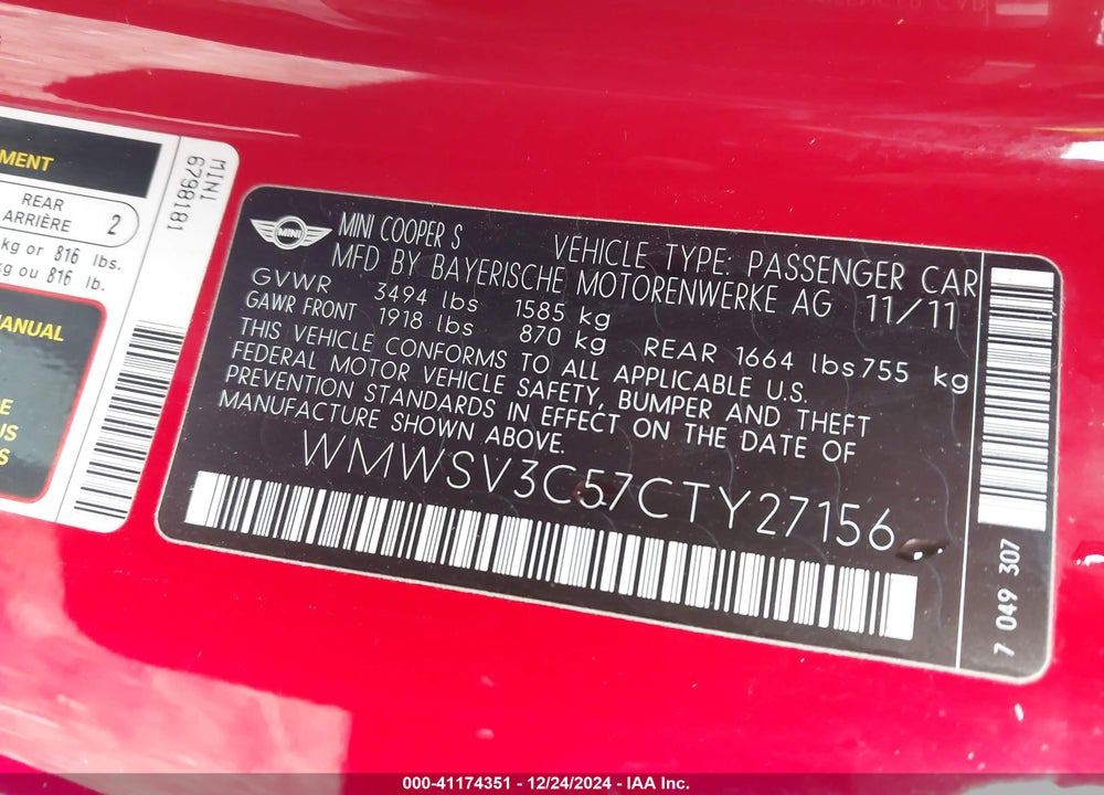 2012 MINI COOPER S VIN: WMWSV3C57CTY27156