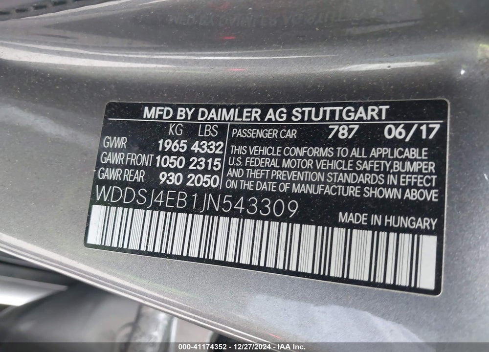 2018 MERCEDES-BENZ CLA 250 VIN: WDDSJ4EB1JN543309