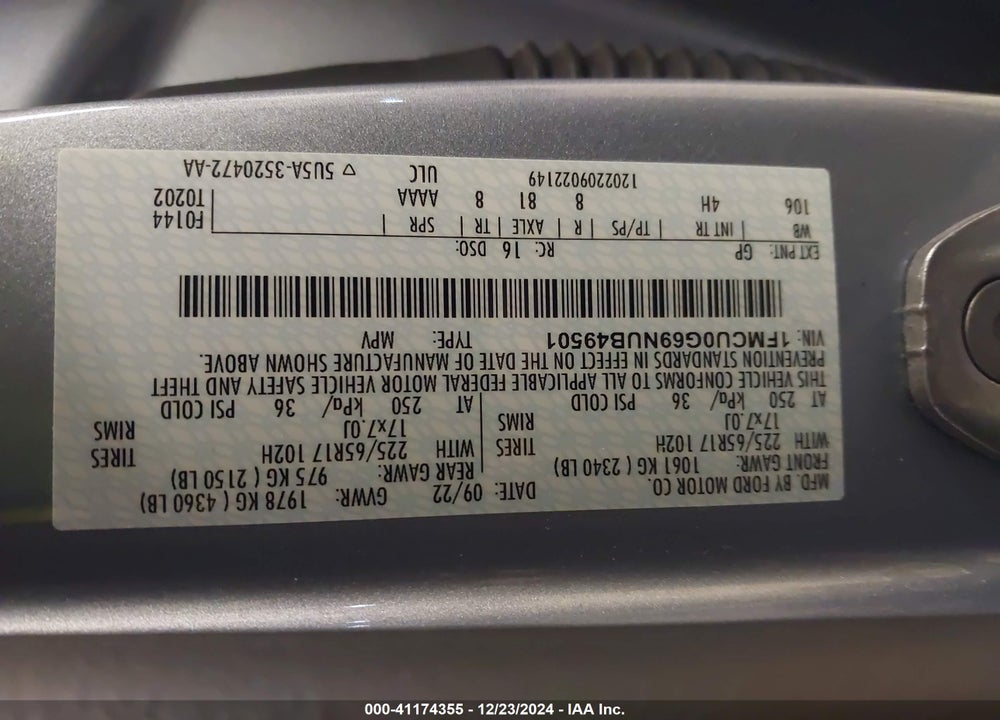 2022 FORD ESCAPE SE VIN: 1FMCU0G69NUB49501