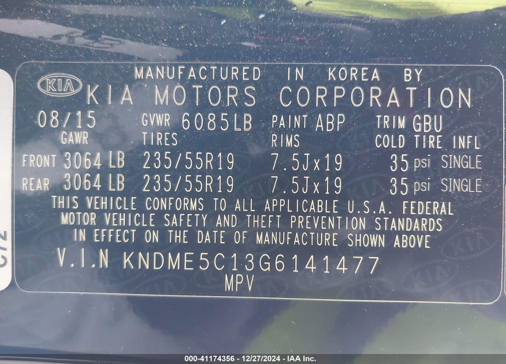2016 KIA SEDONA SX LUXURY VIN: KNDME5C13G6141477