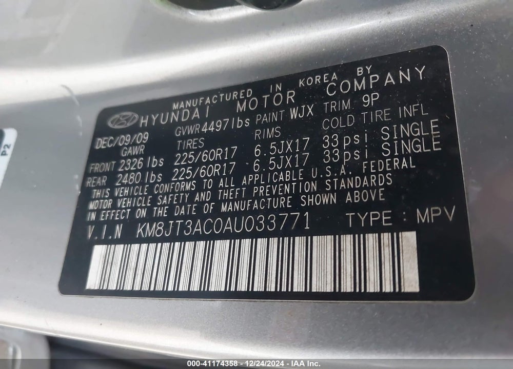 2010 HYUNDAI TUCSON GLS VIN: KM8JT3AC0AU033771