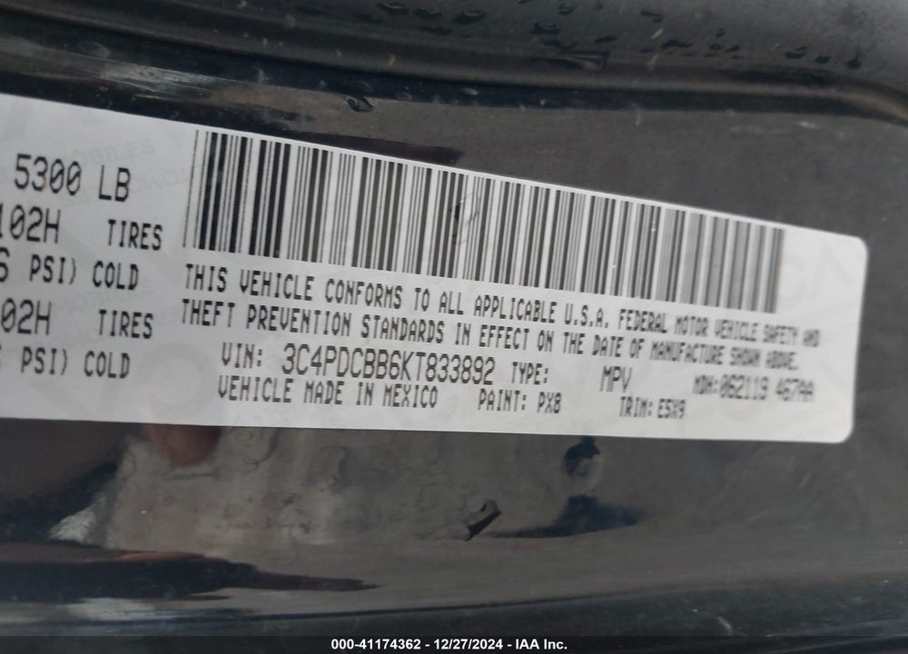 2019 DODGE JOURNEY VIN: 3C4PDCBB6KT833892