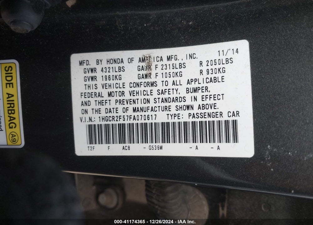 2015 HONDA ACCORD SPORT VIN: 1HGCR2F57FA070617