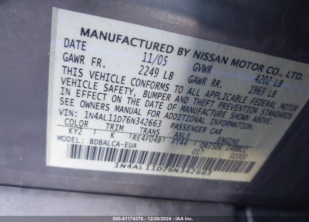 2006 NISSAN ALTIMA 2.5 S VIN: 1N4AL11D76N342663
