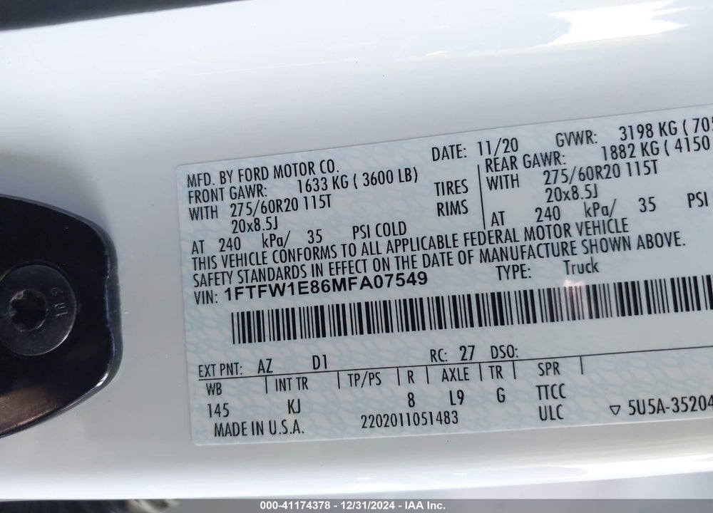 2021 FORD F-150 VIN: 1FTFW1E86MFA07549