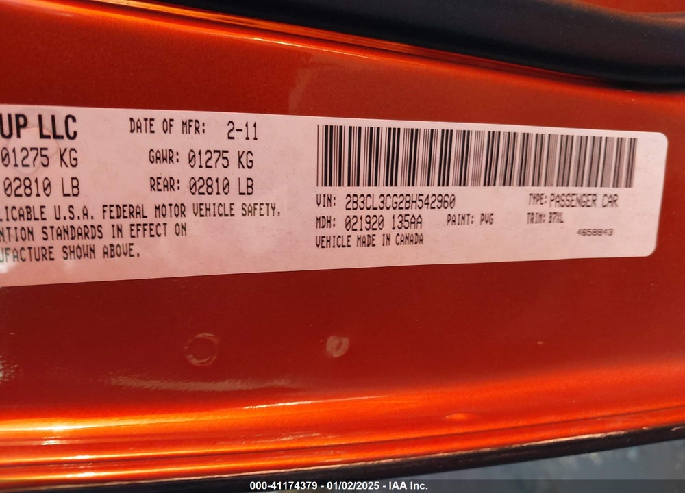 2011 DODGE CHARGER VIN: 2B3CL3CG2BH542960