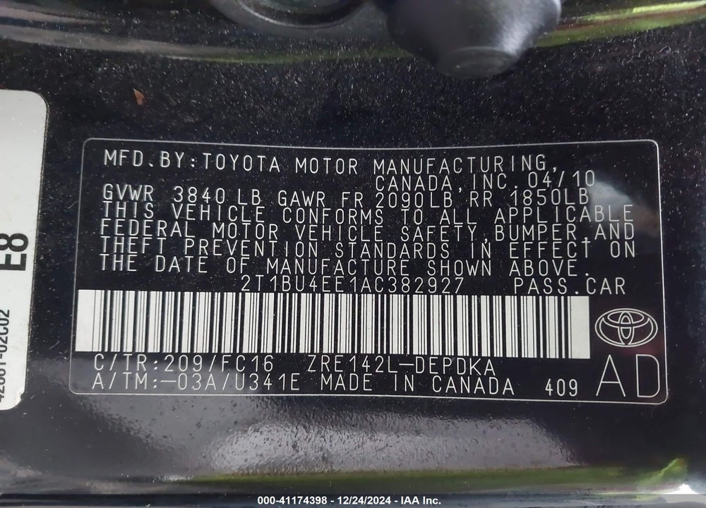 2010 TOYOTA COROLLA VIN: 2T1BU4EE1AC382927