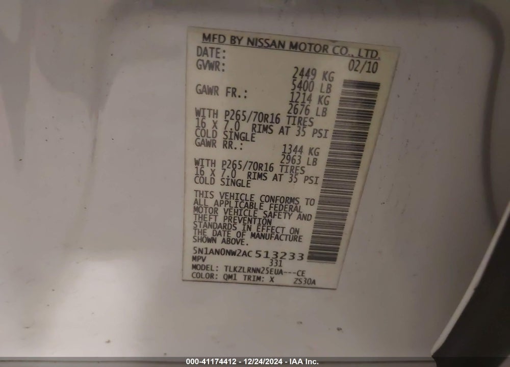 2010 NISSAN XTERRA VIN: 5N1AN0NW2AC513233