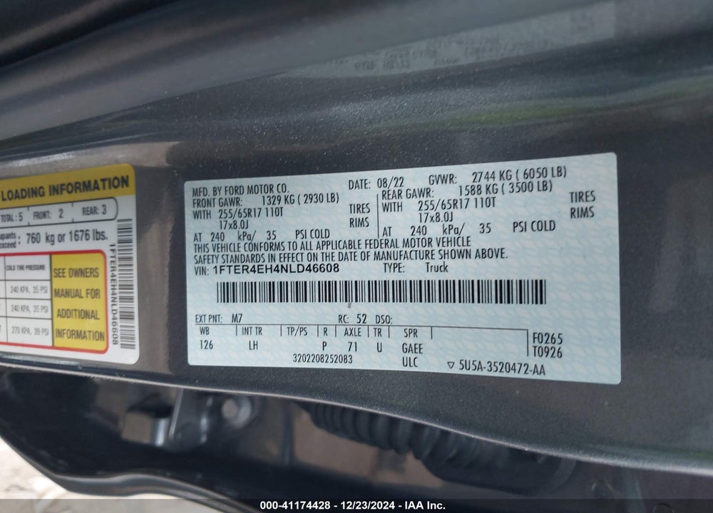 2022 FORD RANGER XLT VIN: 1FTER4EH4NLD46608