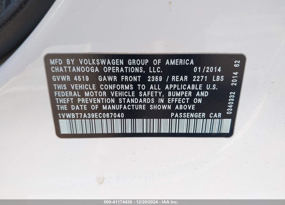 2014 VOLKSWAGEN PASSAT 1.8T SE VIN: 1VWBT7A39EC067040