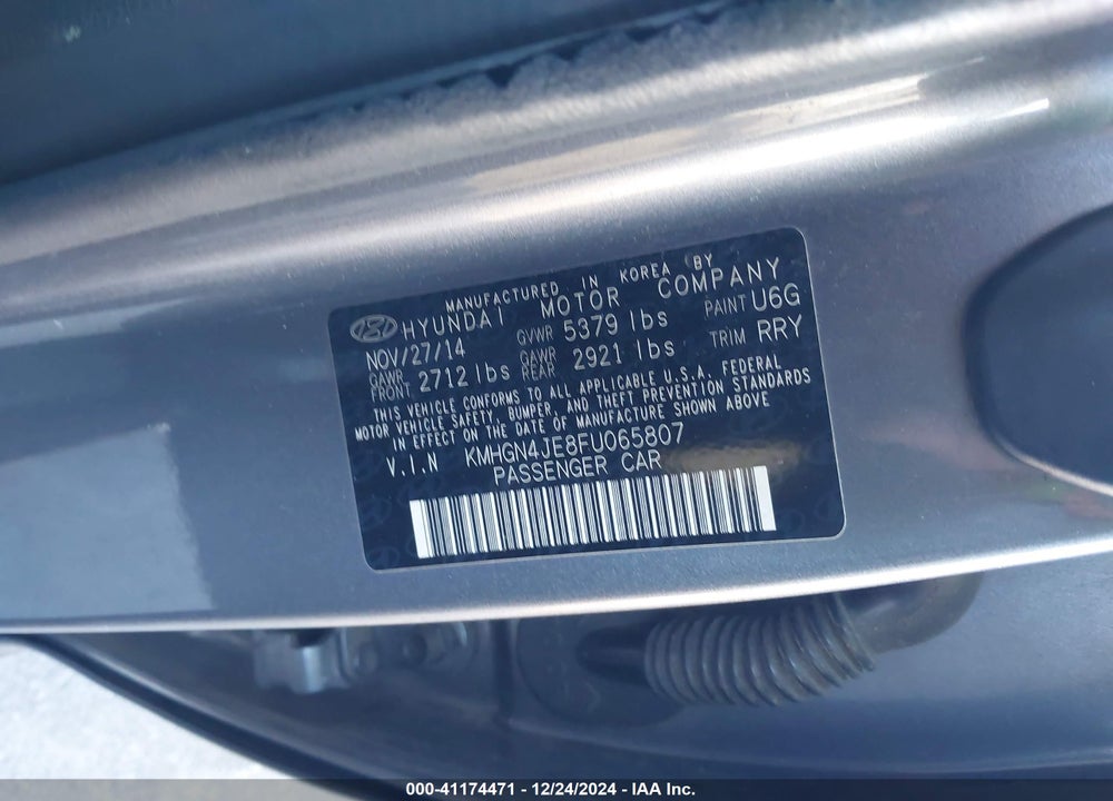 2015 HYUNDAI GENESIS 3.8 VIN: KMHGN4JE8FU065807