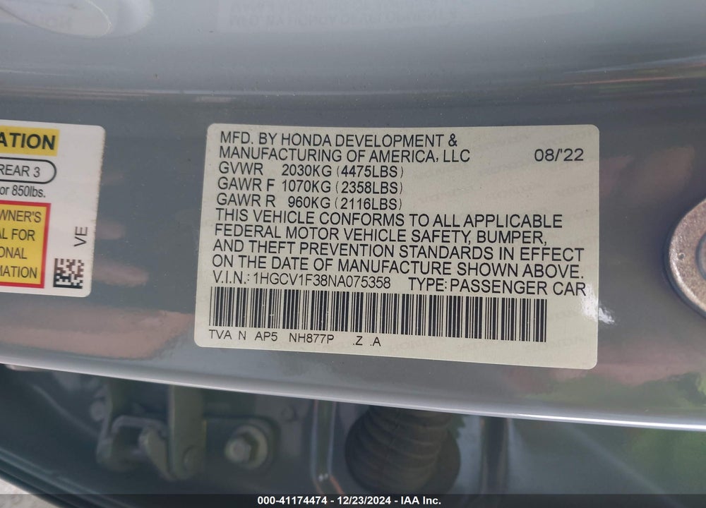2022 HONDA ACCORD VIN: 1HGCV1F38NA075358