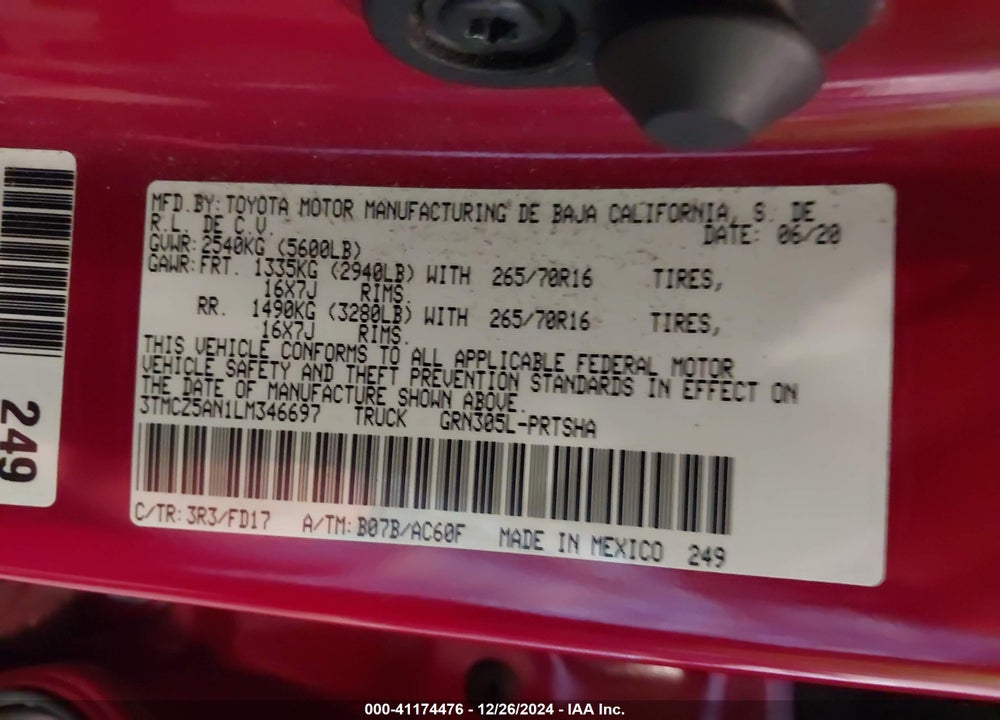 2020 TOYOTA TACOMA VIN: 3TMCZ5AN1LM346697