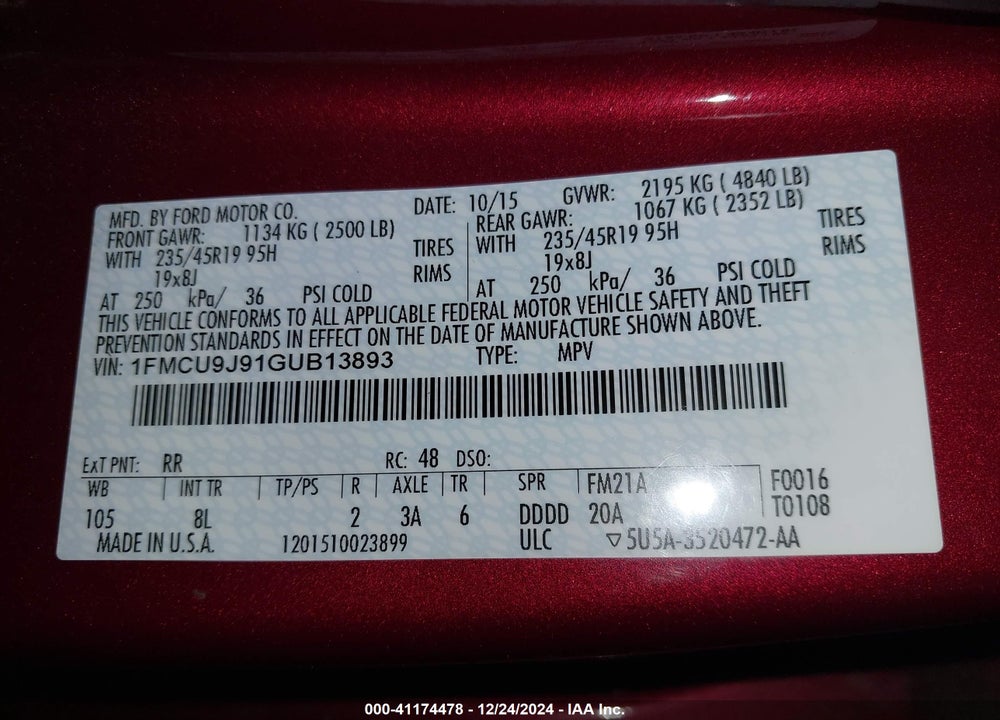 2016 FORD ESCAPE TITANIUM VIN: 1FMCU9J91GUB13893