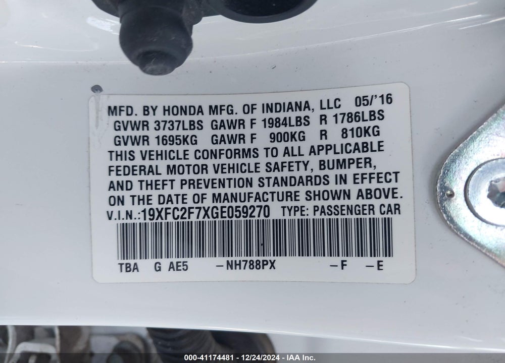 2016 HONDA CIVIC EX VIN: 19XFC2F7XGE059270
