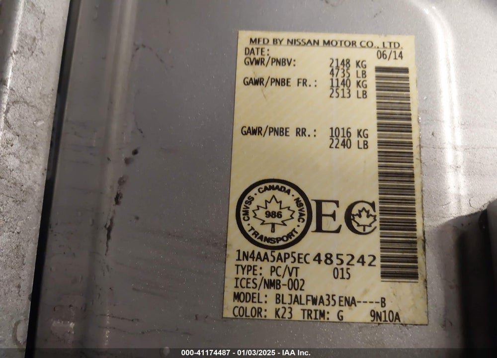2014 NISSAN MAXIMA VIN: 1N4AA5AP5EC485242