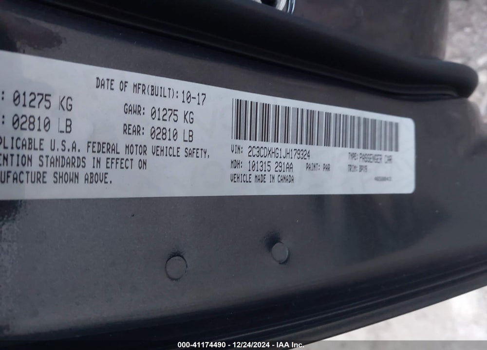 2018 DODGE CHARGER VIN: 2C3CDXHG1JH179324