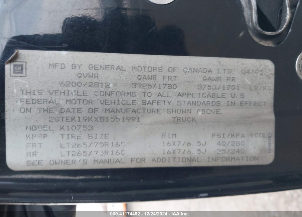 1995 GMC SIERRA K1500 VIN: 2GTEK19KXS1551991