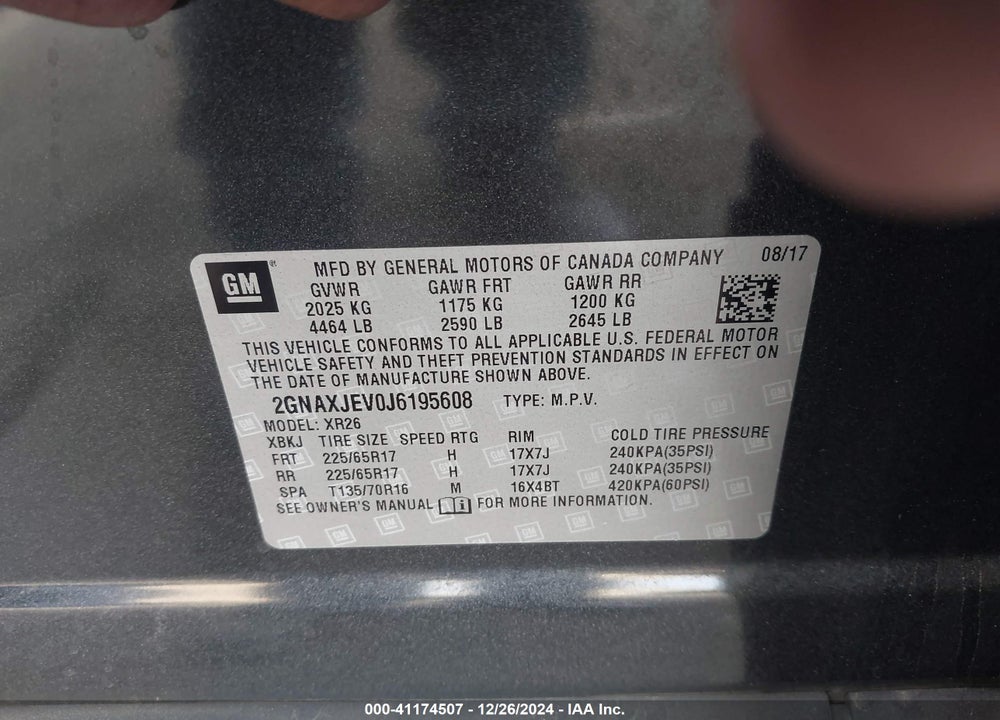 2018 CHEVROLET EQUINOX LT VIN: 2GNAXJEV0J6195608