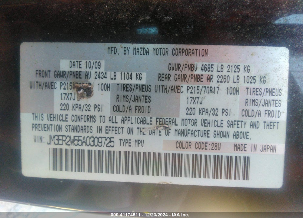 2010 MAZDA CX-7 I SPORT VIN: JM3ER2W55A0309725