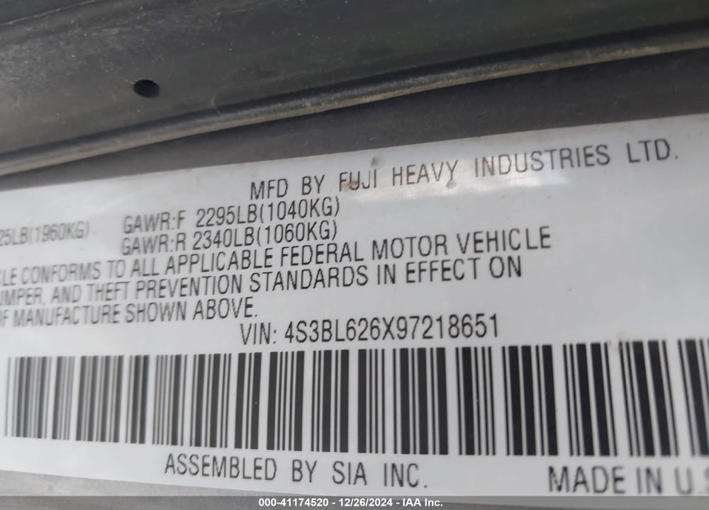 2009 SUBARU LEGACY 2.5I LIMITED VIN: 4S3BL626X97218651