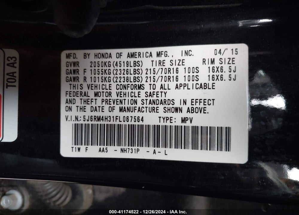 2015 HONDA CR-V LX VIN: 5J6RM4H31FL067564