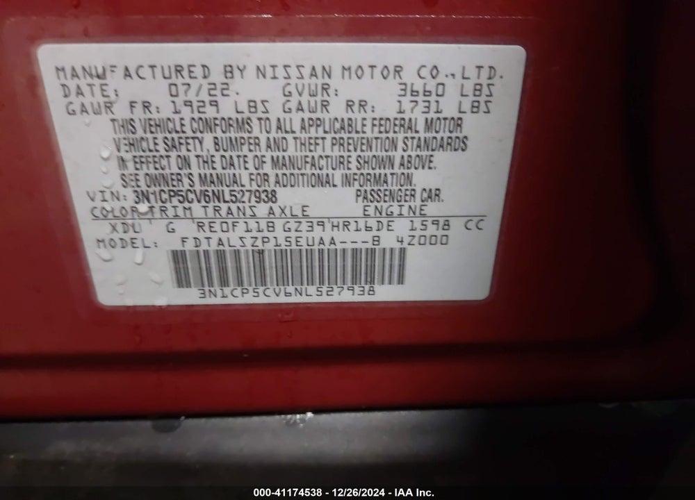2022 NISSAN KICKS SV XTRONIC CVT VIN: 3N1CP5CV6NL527938