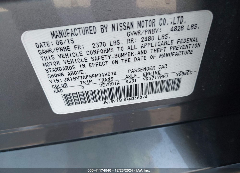 2015 INFINITI Q50 VIN: JN1BV7AP9FM348074