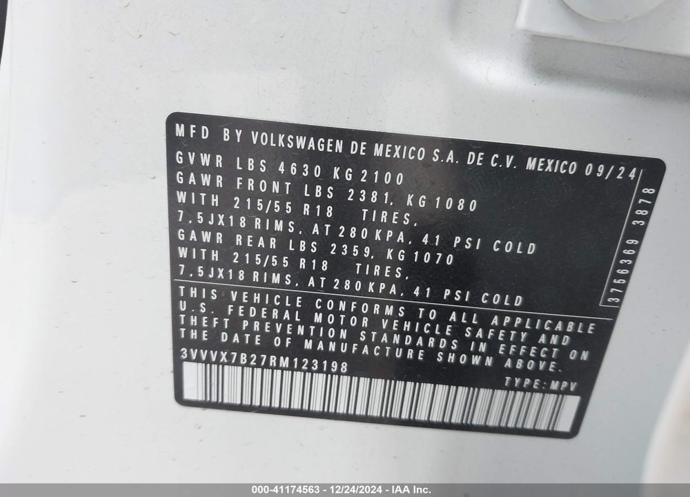 2024 VOLKSWAGEN TAOS 1.5T SE VIN: 3VVVX7B27RM123198