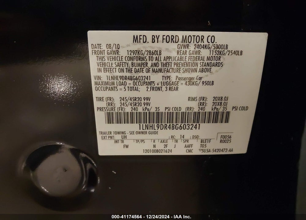 2011 LINCOLN MKS VIN: 1LNHL9DR4BG603241
