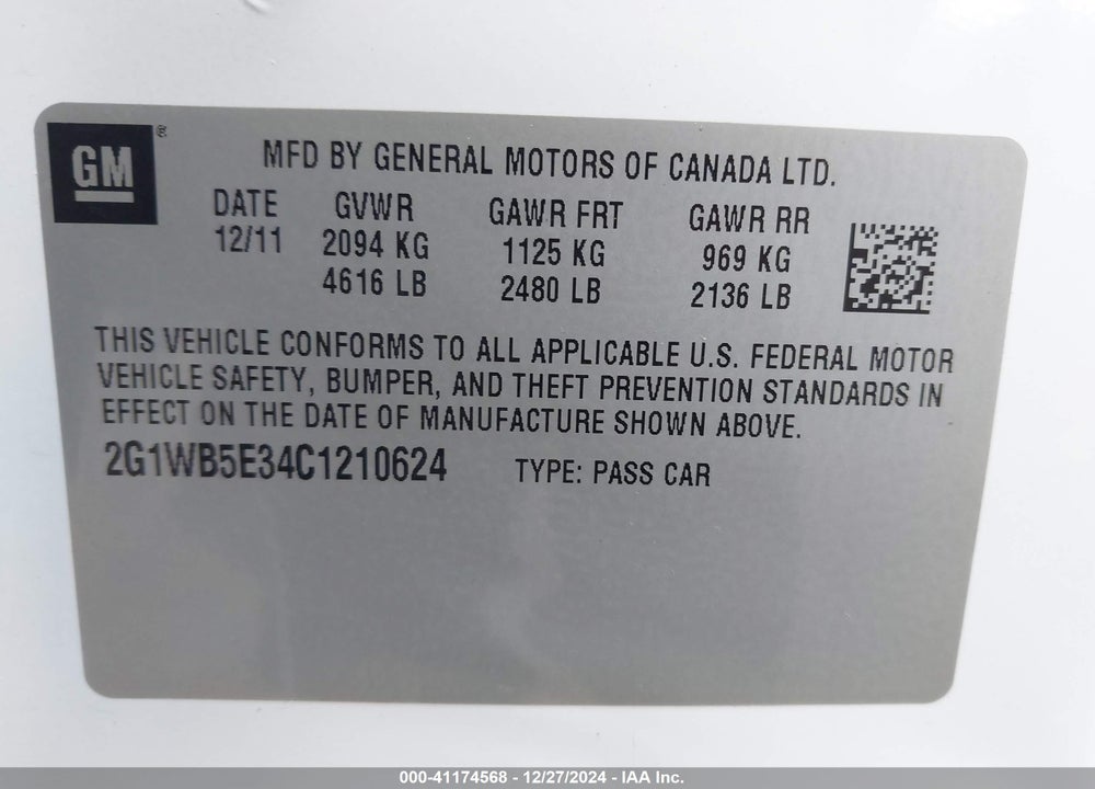 2012 CHEVROLET IMPALA LT VIN: 2G1WB5E34C1210624