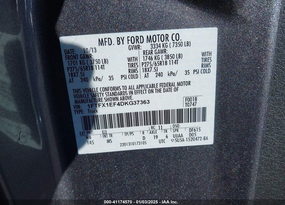 2013 FORD F-150 XLT VIN: 1FTFX1EF4DKG37363