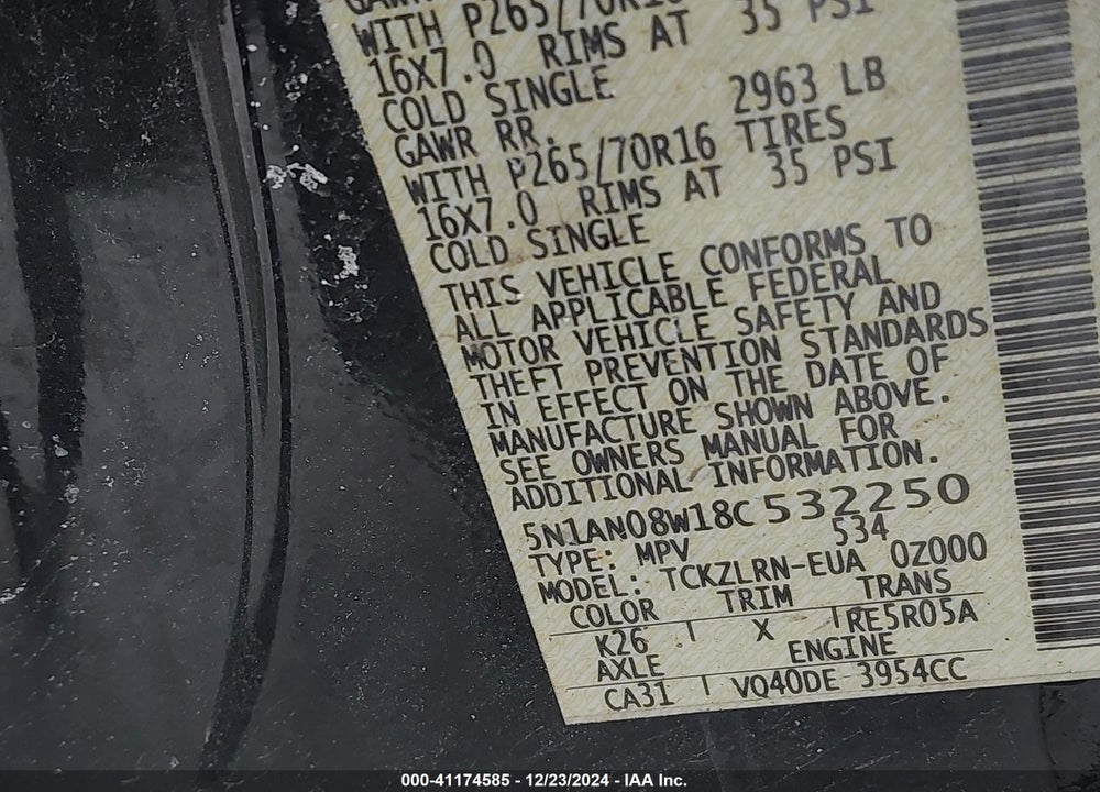 2008 NISSAN XTERRA S VIN: 5N1AN08W18C532250