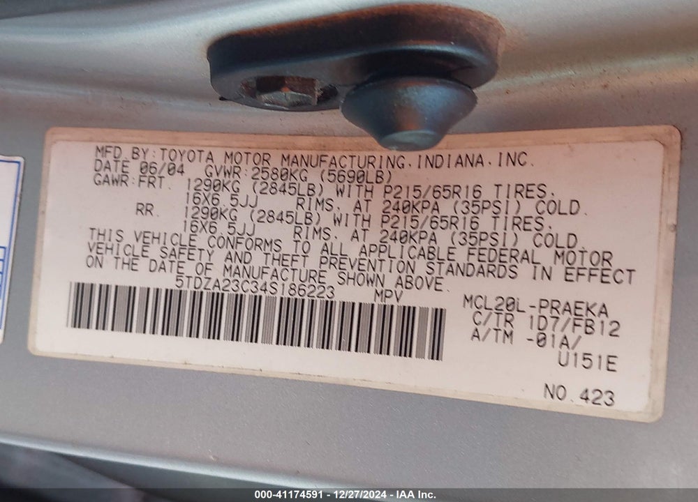 2004 TOYOTA SIENNA LE VIN: 5TDZA23C34S186223