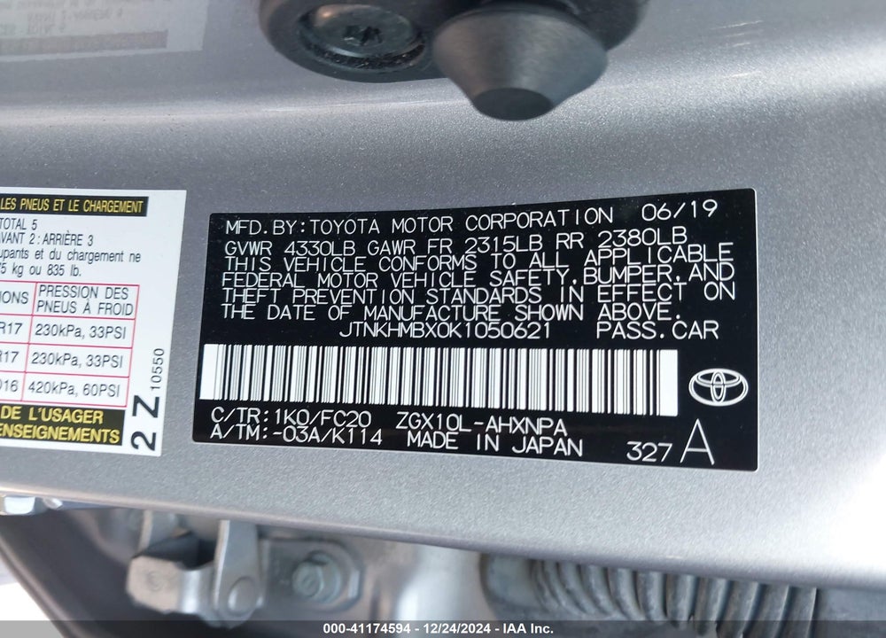 2019 TOYOTA C-HR VIN: JTNKHMBX0K1050621
