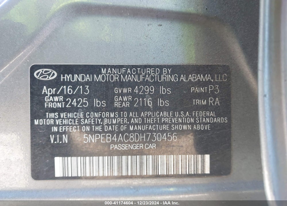 2013 HYUNDAI SONATA GLS VIN: 5NPEB4AC8DH730456