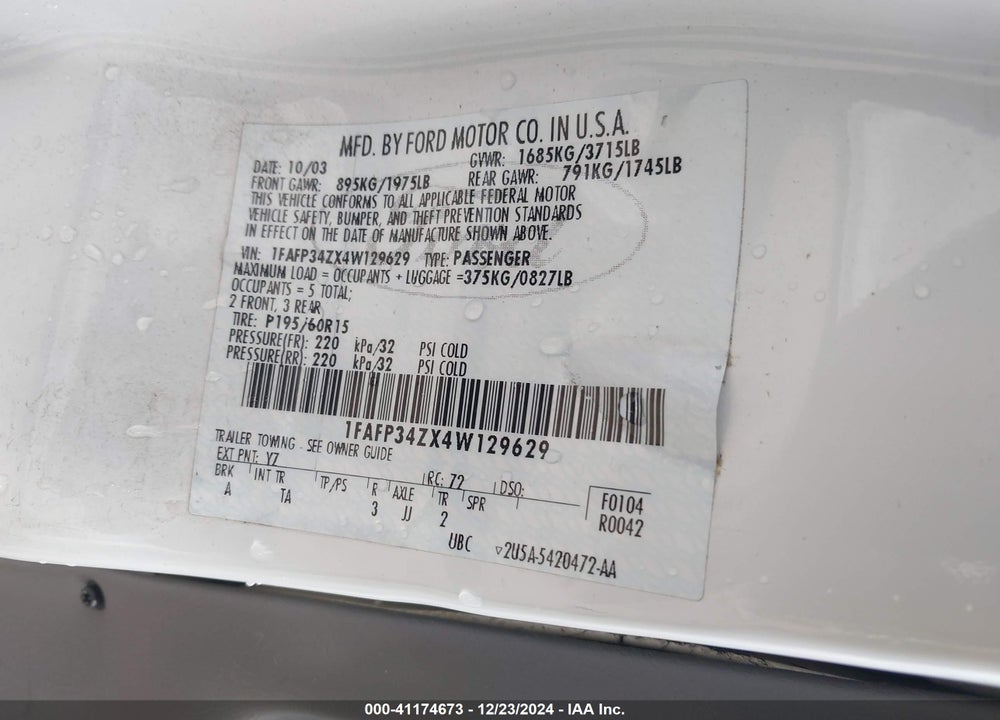 2004 FORD FOCUS SE VIN: 1FAFP34ZX4W129629