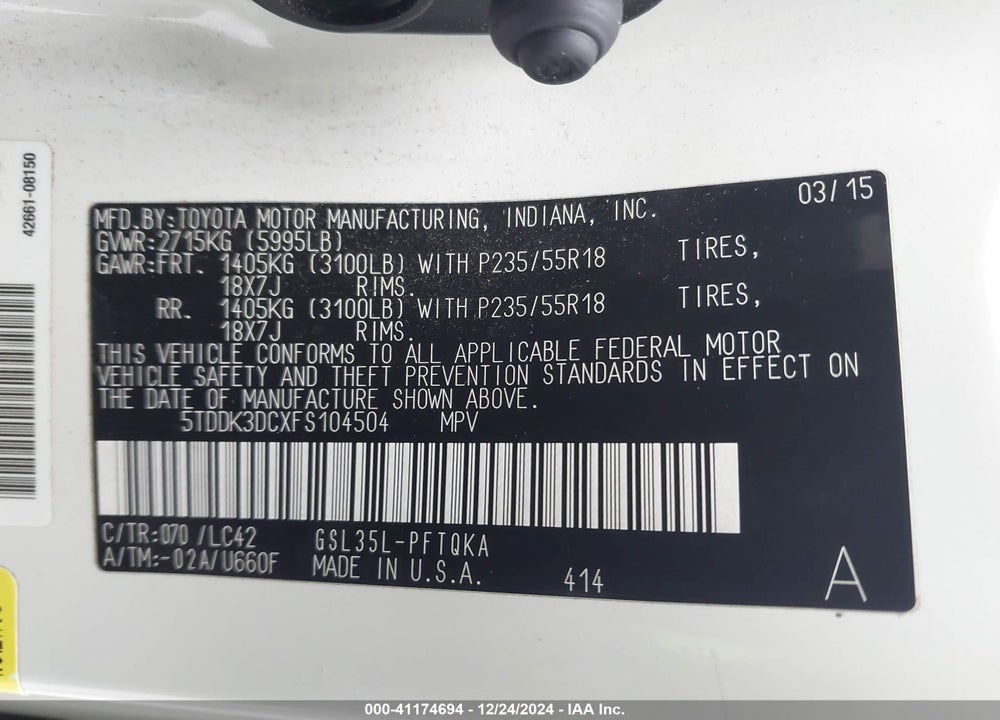 2015 TOYOTA SIENNA XLE LIMITED VIN: 5TDDK3DCXFS104504