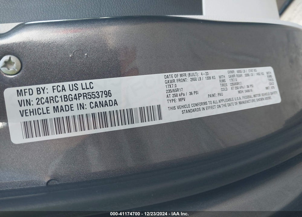 2023 CHRYSLER PACIFICA TOURING L VIN: 2C4RC1BG4PR553796