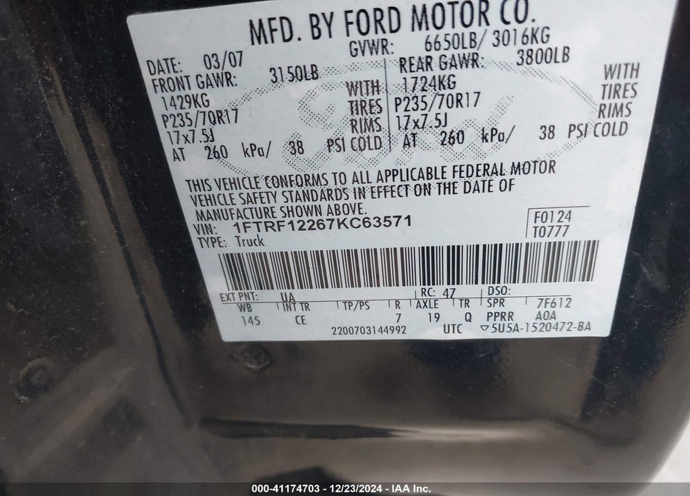 2007 FORD F-150 VIN: 1FTRF12267KC63571